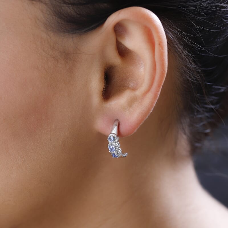 Ceylon Blue Sapphire and White Zircon J-Hoop Earrings in Platinum Over Sterling Silver 1.10 ctw