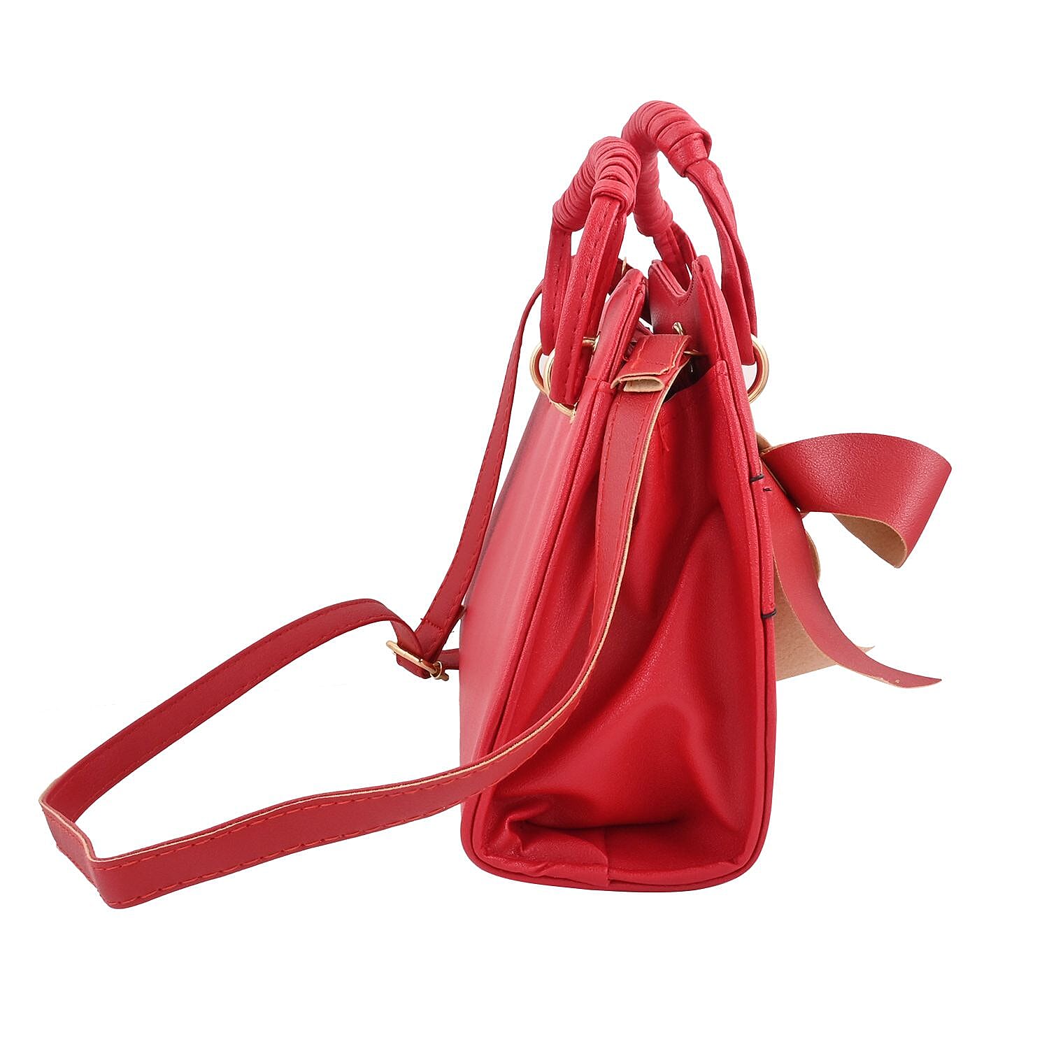 Red Faux Leather Tote Bag with Shoulder Strap
