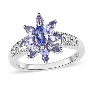 Tanzanite Floral Ring in Platinum Over Sterling Silver (Size 5.0) 1.00 ctw