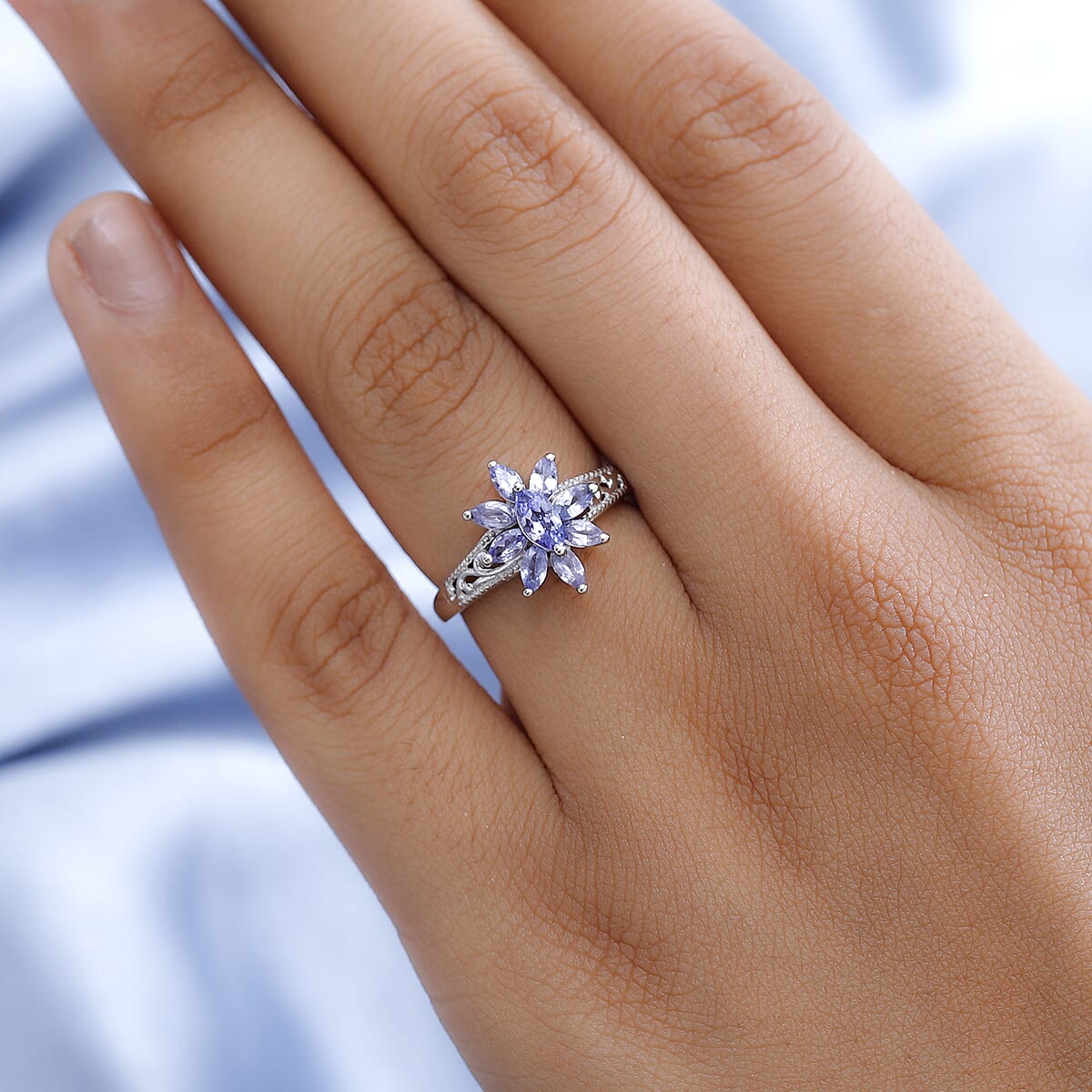 Tanzanite Floral Ring in Platinum Over Sterling Silver (Size 5.0) 1.00 ctw image number 2