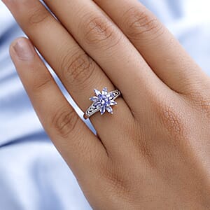 Tanzanite Floral Ring in Platinum Over Sterling Silver (Size 5.0) 1.00 ctw