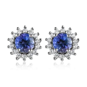 Peacock Tanzanite and White Zircon Floral Stud Earrings in Platinum Over Sterling Silver 1.50 ctw