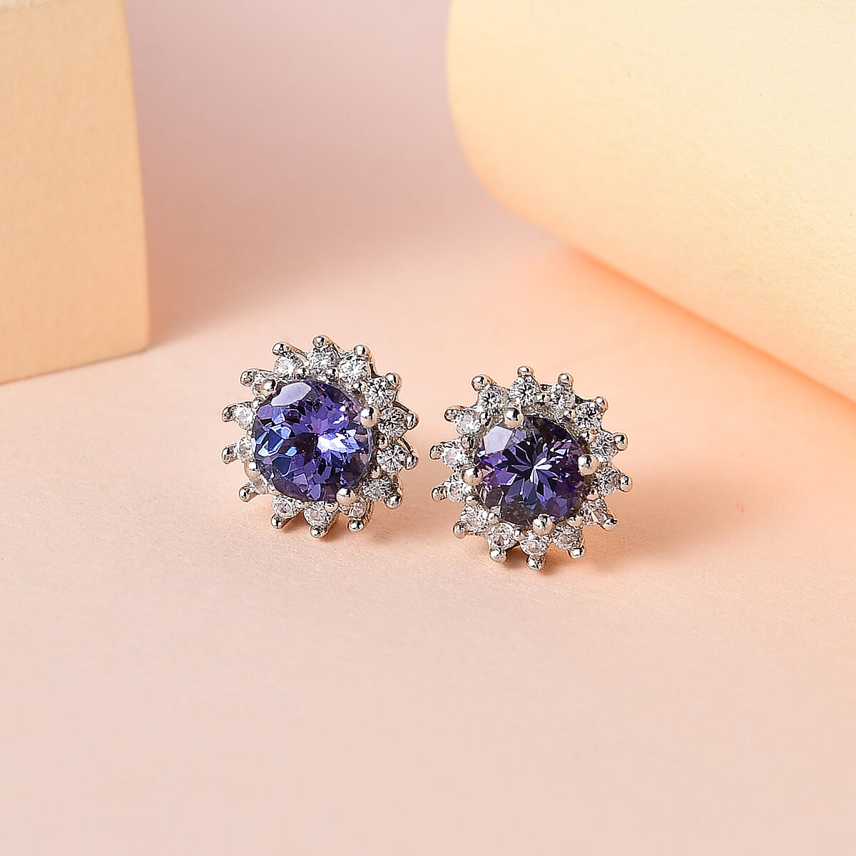 Peacock Tanzanite and White Zircon Floral Stud Earrings in Platinum Over Sterling Silver 1.50 ctw image number 1