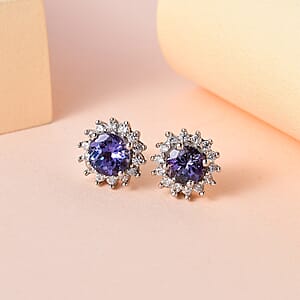 Peacock Tanzanite and White Zircon Floral Stud Earrings in Platinum Over Sterling Silver 1.50 ctw