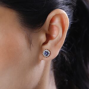 Peacock Tanzanite and White Zircon Floral Stud Earrings in Platinum Over Sterling Silver 1.50 ctw