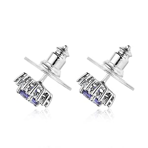 Peacock Tanzanite and White Zircon Floral Stud Earrings in Platinum Over Sterling Silver 1.50 ctw