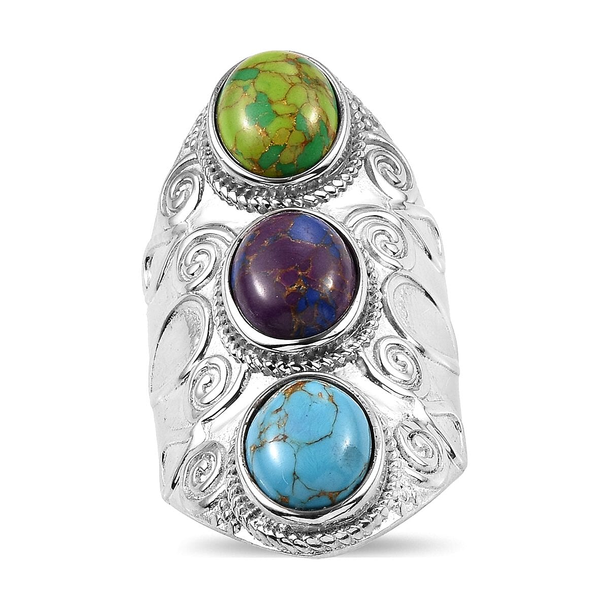 Mojave Blue, Purple and Green Turquoise 3 Stone Ring in Stainless Steel (Size 10.0) 7.85 ctw
