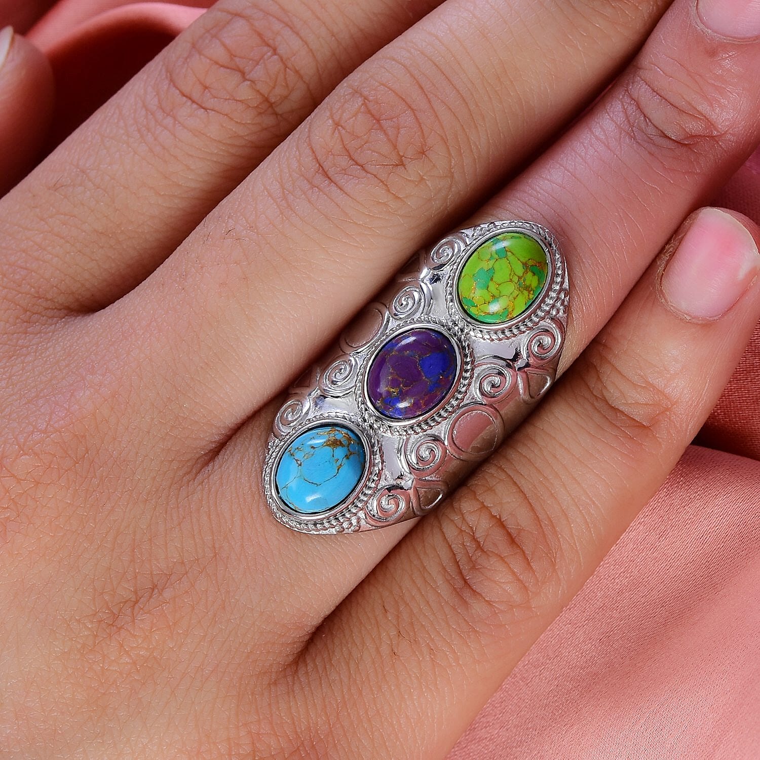 Mojave Blue, Purple and Green Turquoise 3 Stone Ring in Stainless Steel (Size 10.0) 7.85 ctw