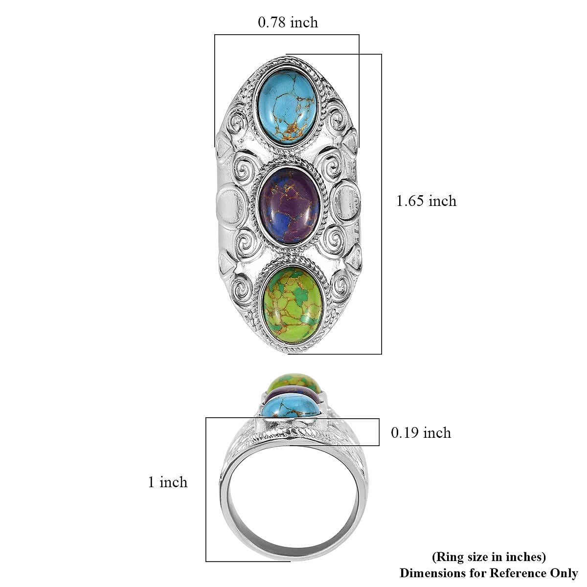 Mojave Blue, Purple and Green Turquoise 3 Stone Ring in Stainless Steel (Size 10.0) 7.85 ctw