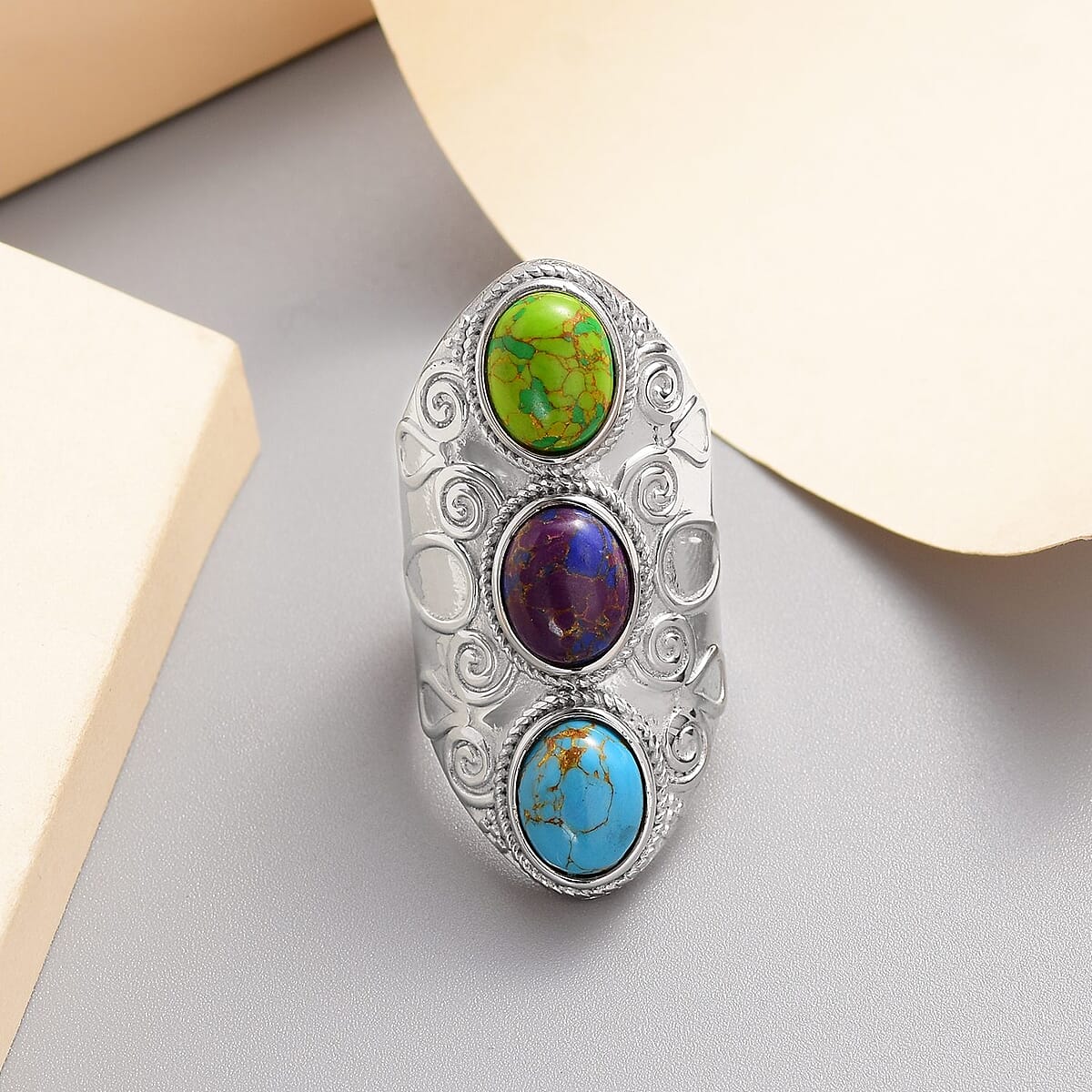 Mojave Blue, Purple and Green Turquoise 3 Stone Ring in Stainless Steel (Size 6.0) 7.85 ctw | Tarnish-Free, Waterproof, Sweat Proof Jewelry image number 1