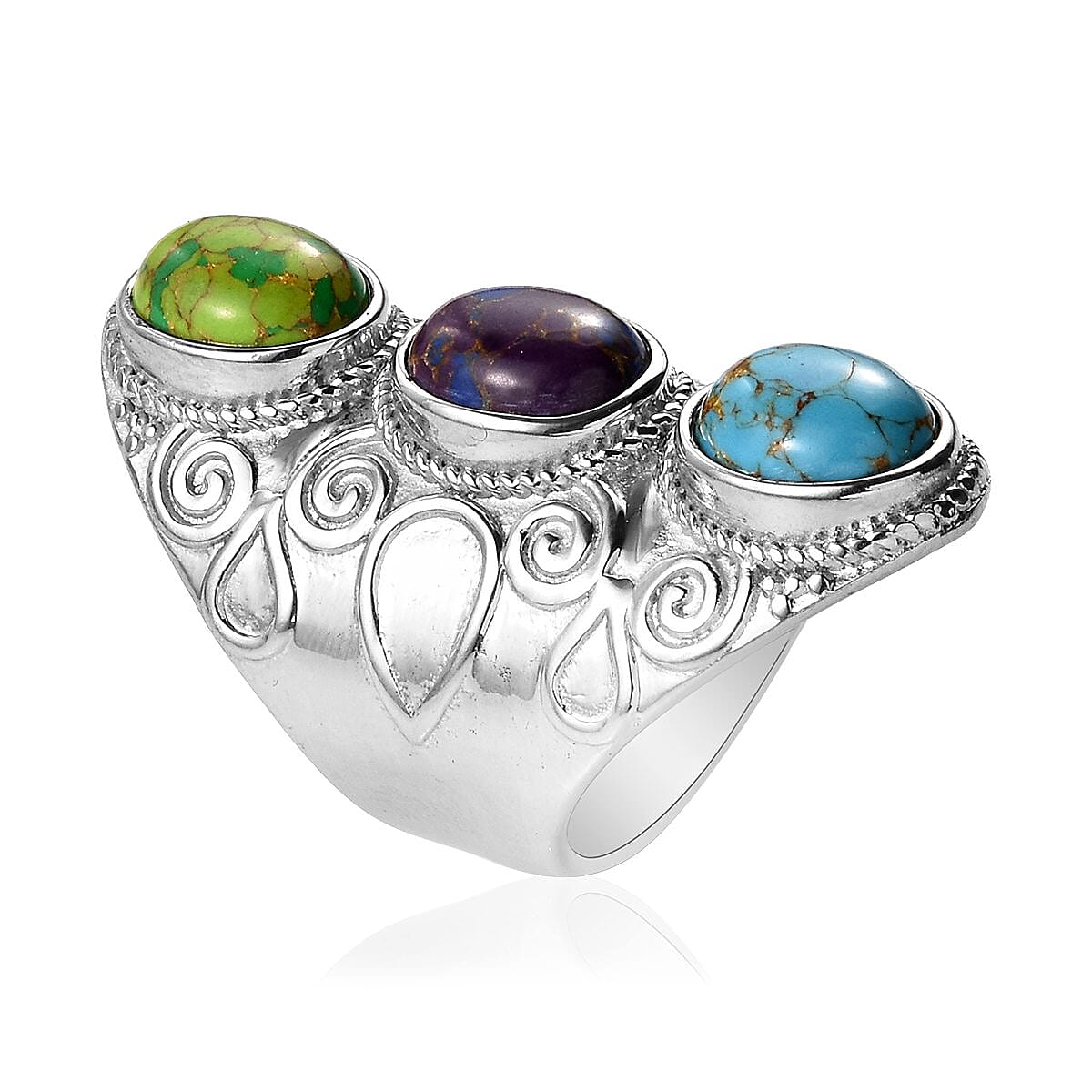 Mojave Blue, Purple and Green Turquoise 3 Stone Ring in Stainless Steel (Size 6.0) 7.85 ctw | Tarnish-Free, Waterproof, Sweat Proof Jewelry image number 3