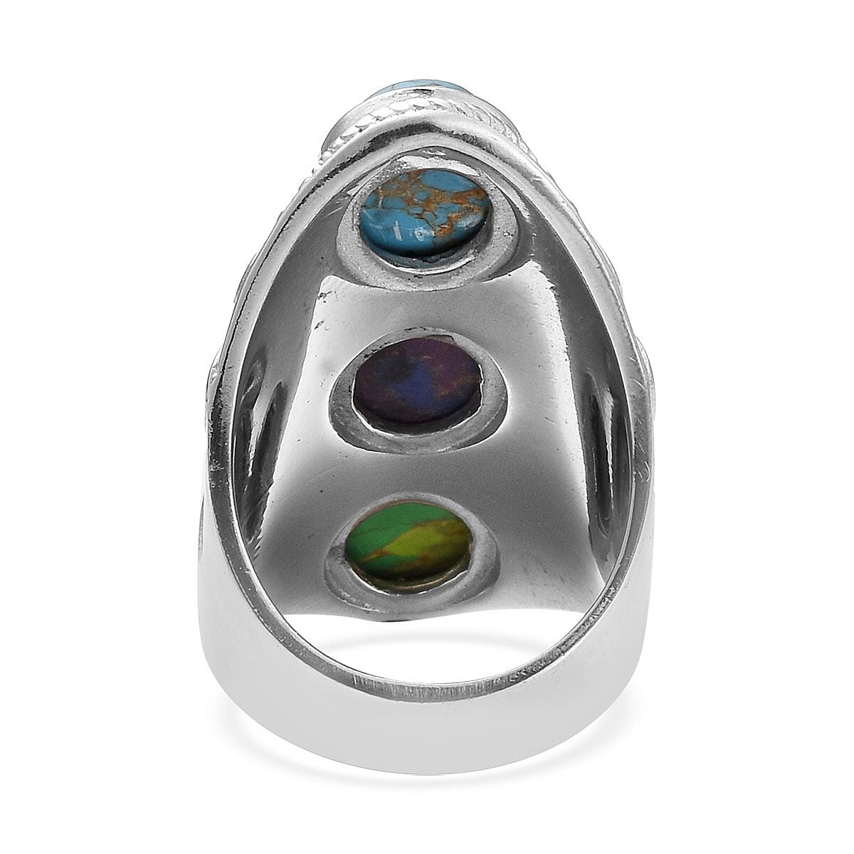 Mojave Blue, Purple and Green Turquoise 3 Stone Ring in Stainless Steel (Size 6.0) 7.85 ctw | Tarnish-Free, Waterproof, Sweat Proof Jewelry image number 4