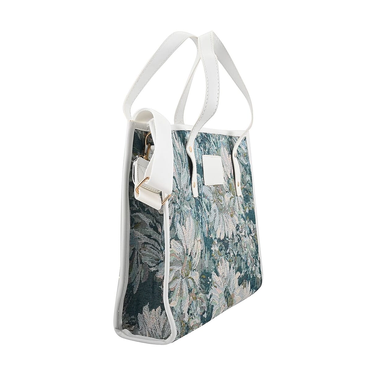 Blue Floral Pattern Faux Leather Tote Bag image number 1