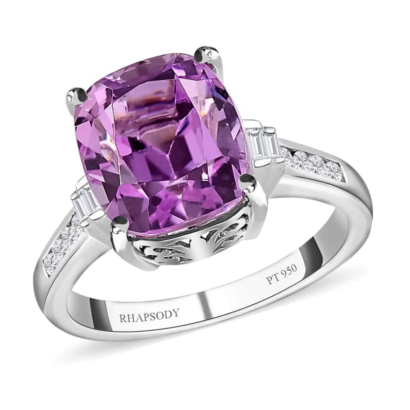 Rhapsody AAAA Patroke Kunzite Ring, E-F VS Diamond Accent Ring, 950 Platinum Ring 6 Grams 6.90 ctw (Size 6.0)