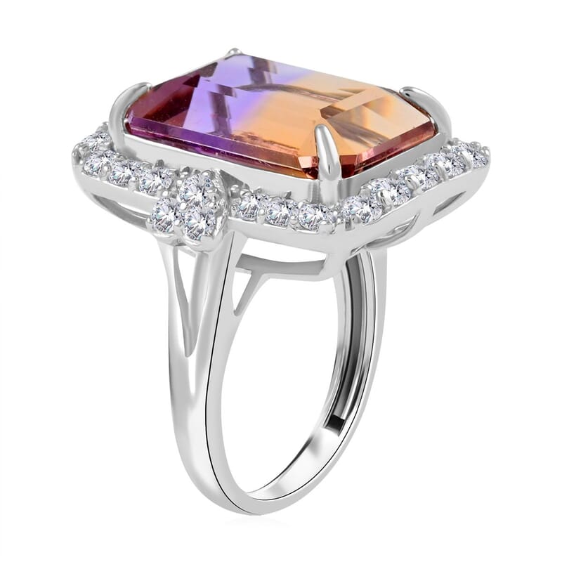 Anahi Ametrine and Moissanite Ring in Rhodium Over Sterling Silver (Size 10.0) 14.40 ctw