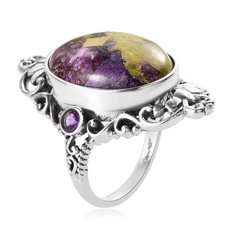 Artisan Crafted Tasmanian Stichtite and Amethyst Ring in Sterling Silver (Size 10.0) 14.00 ctw