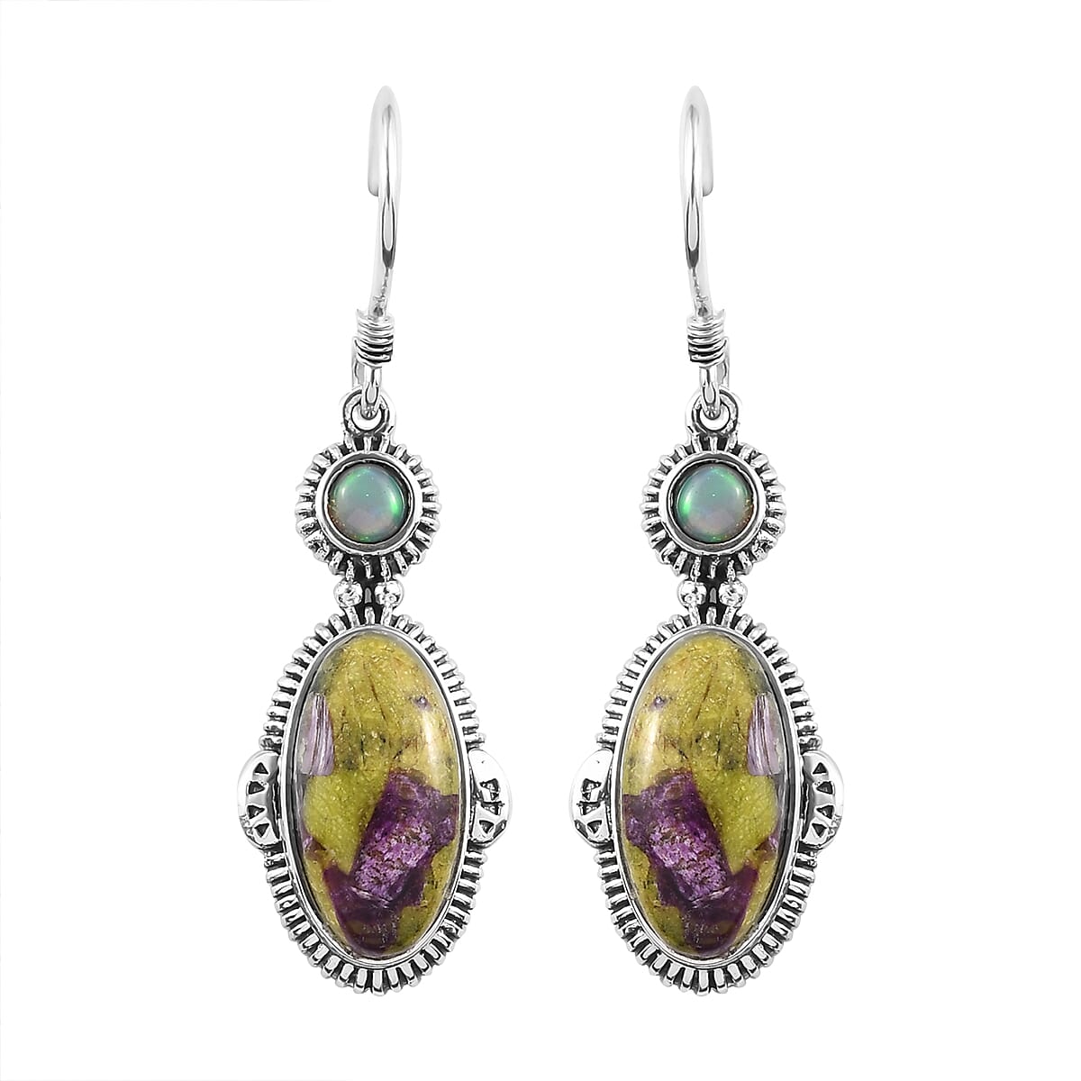 Artisan Crafted Tasmanian Stichtite and Ethiopian Welo Opal Earrings in Sterling Silver 9.50 ctw