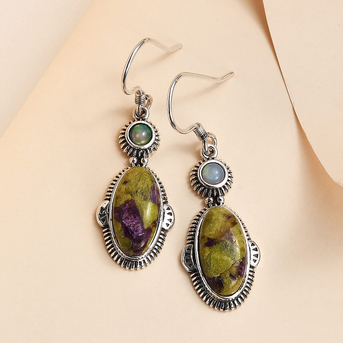 Artisan Crafted Tasmanian Stichtite and Ethiopian Welo Opal Earrings in Sterling Silver 9.50 ctw image number 1