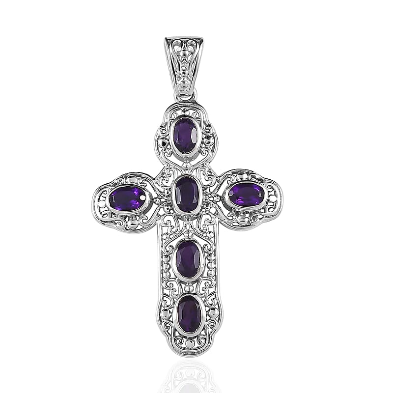 Amethyst Cross Pendant in Platinum Over Copper with Magnet 2.60 ctw
