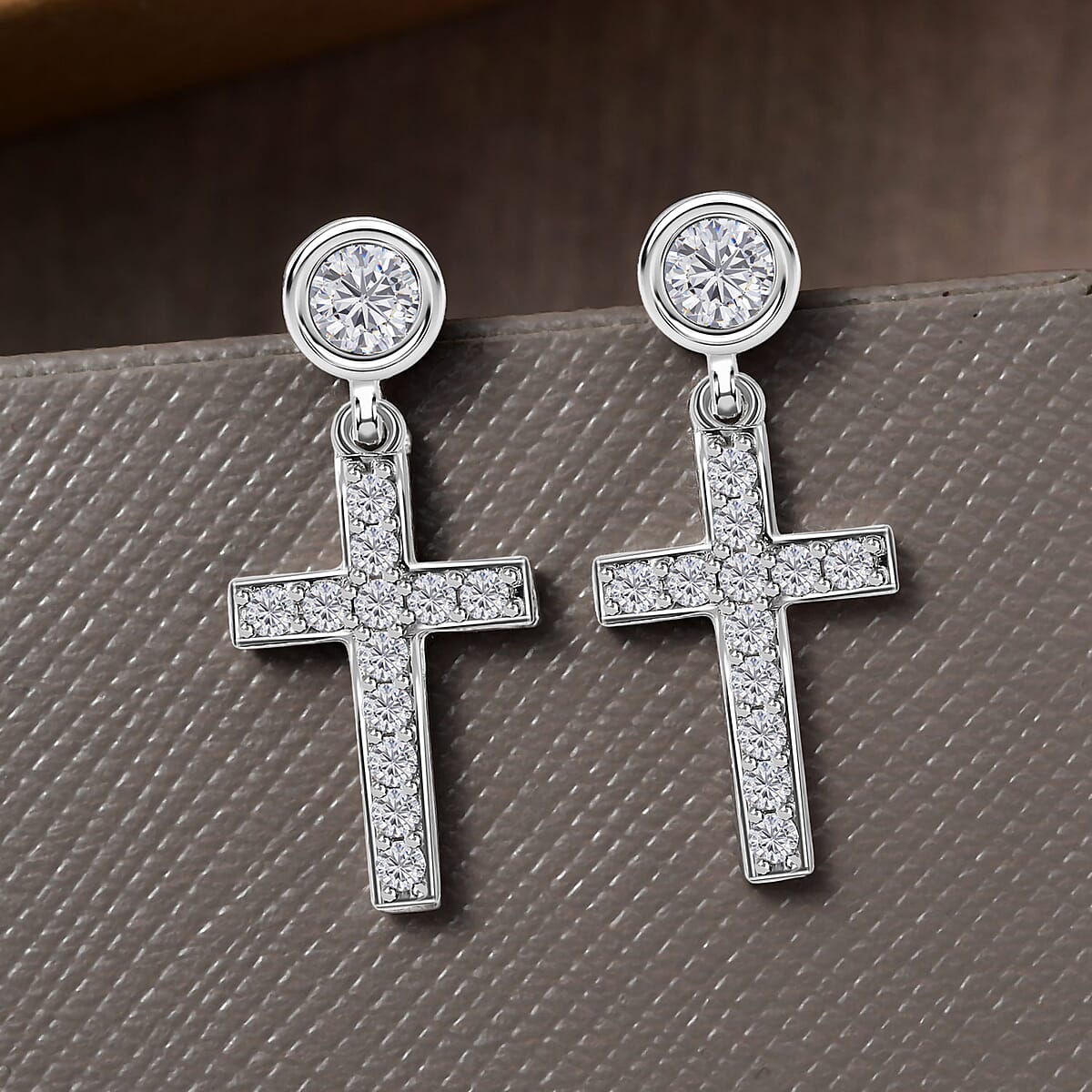 Moissanite Cross Dangle Earrings in Platinum Over Sterling Silver 1.25 ctw image number 1