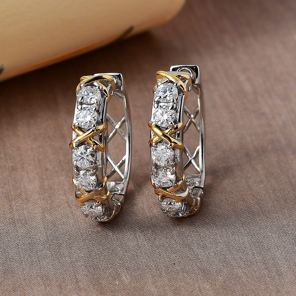 Moissanite Hoop Earrings in Vermeil Yellow Gold and Platinum Over Sterling Silver 1.25 ctw image number 1