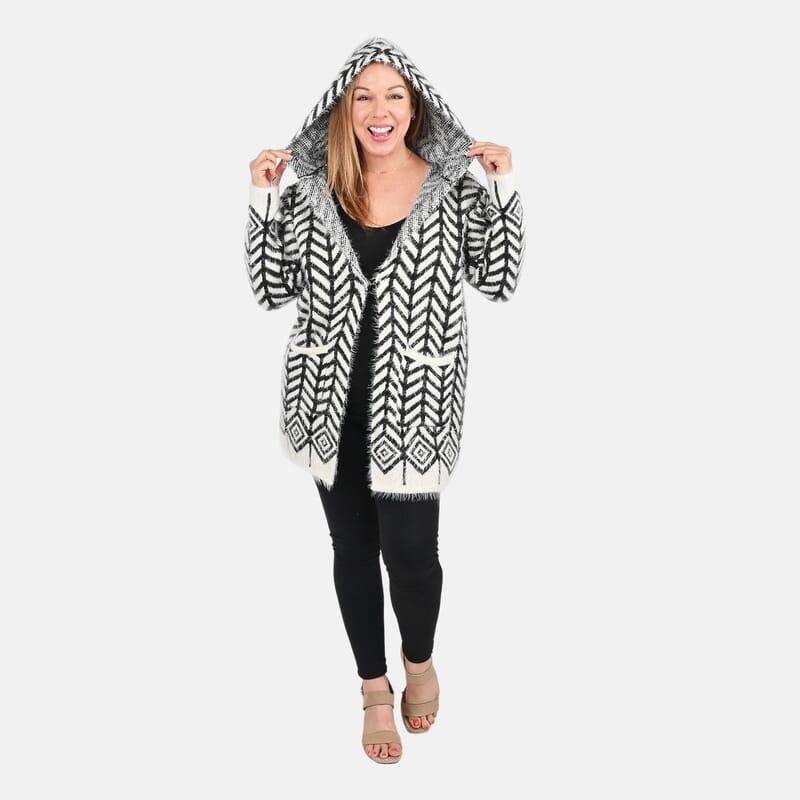 Tamsy White with Black Chevron Pattern Winter Hoodie with 2 Pocket - One Size Fits Most