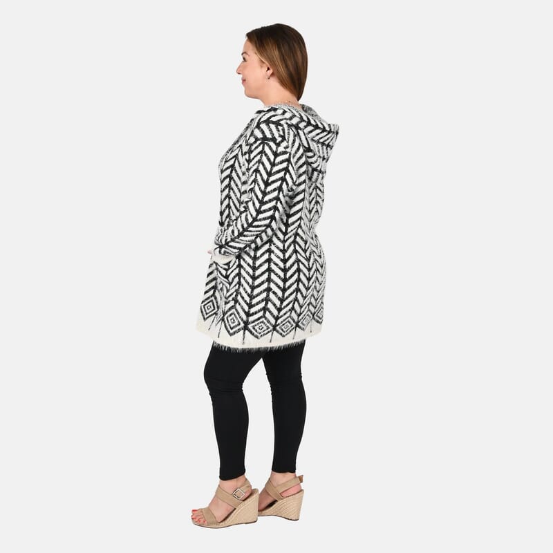 Tamsy White with Black Chevron Pattern Winter Hoodie with 2 Pocket - One Size Fits Most