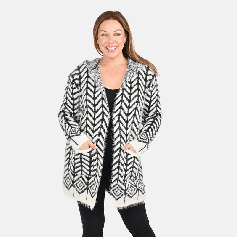Tamsy White with Black Chevron Pattern Winter Hoodie with 2 Pocket - One Size Fits Most