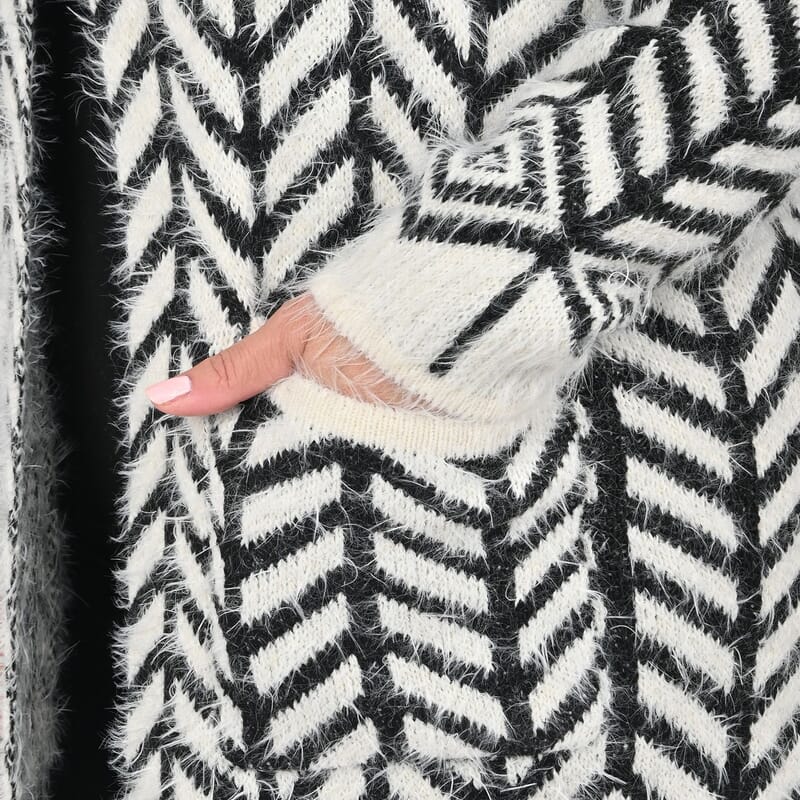 Tamsy White with Black Chevron Pattern Winter Hoodie with 2 Pocket - One Size Fits Most