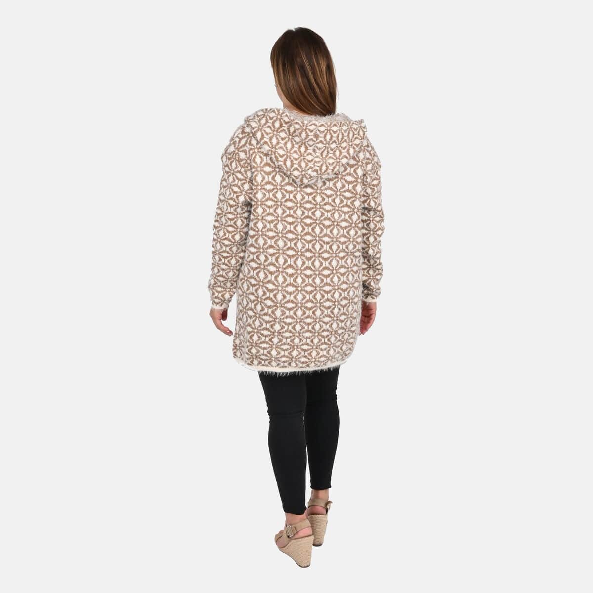 Tamsy White with Brown Tile Pattern Winter Hoodie with 2 Pocket - One Size Fits Most image number 1