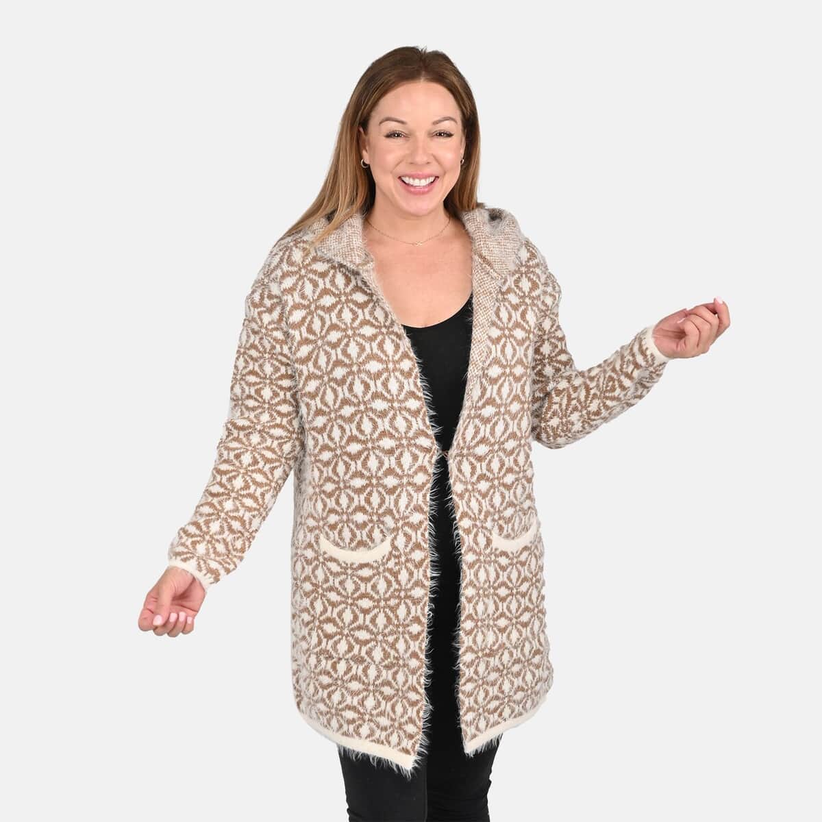 Tamsy White with Brown Tile Pattern Winter Hoodie with 2 Pocket - One Size Fits Most image number 3