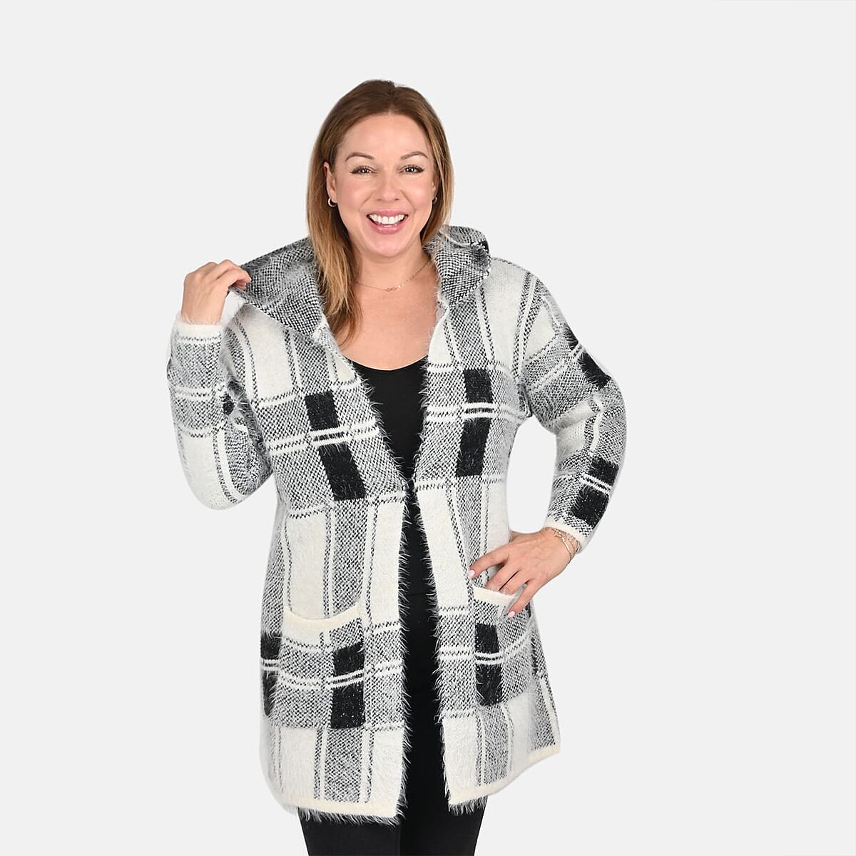 Tamsy Black with White Plaid Pattern Winter Hoodie with 2 Pocket - One Size Fits Most image number 3