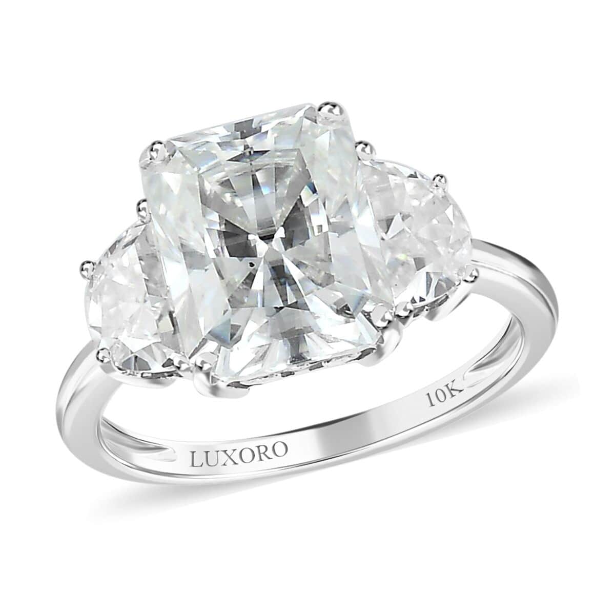 Radiant Cut Moissanite 4.25 ctw 3 Stone Ring in 10K White Gold (Size 5.0) image number 0