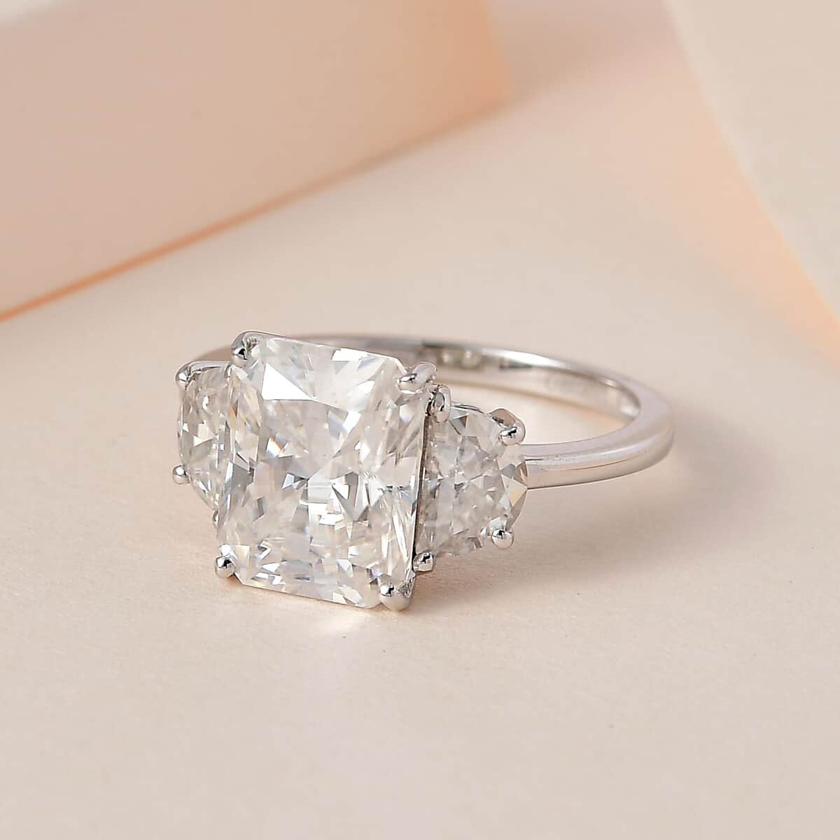 Radiant Cut Moissanite 4.25 ctw 3 Stone Ring in 10K White Gold (Size 5.0) image number 1