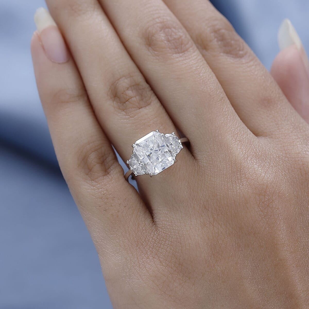 Radiant Cut Moissanite 4.25 ctw 3 Stone Ring in 10K White Gold (Size 6.0) image number 2