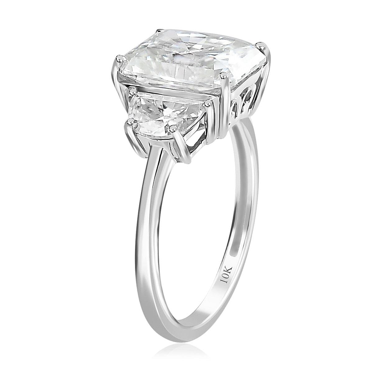 Radiant Cut Moissanite 4.25 ctw 3 Stone Ring in 10K White Gold (Size 8.0) image number 3