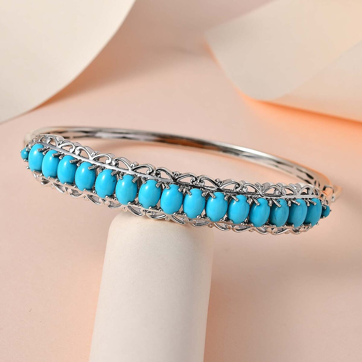 Sleeping Beauty Turquoise Bangle Bracelet in Platinum Over Sterling Silver (6.50 In) 10.85 ctw image number 1