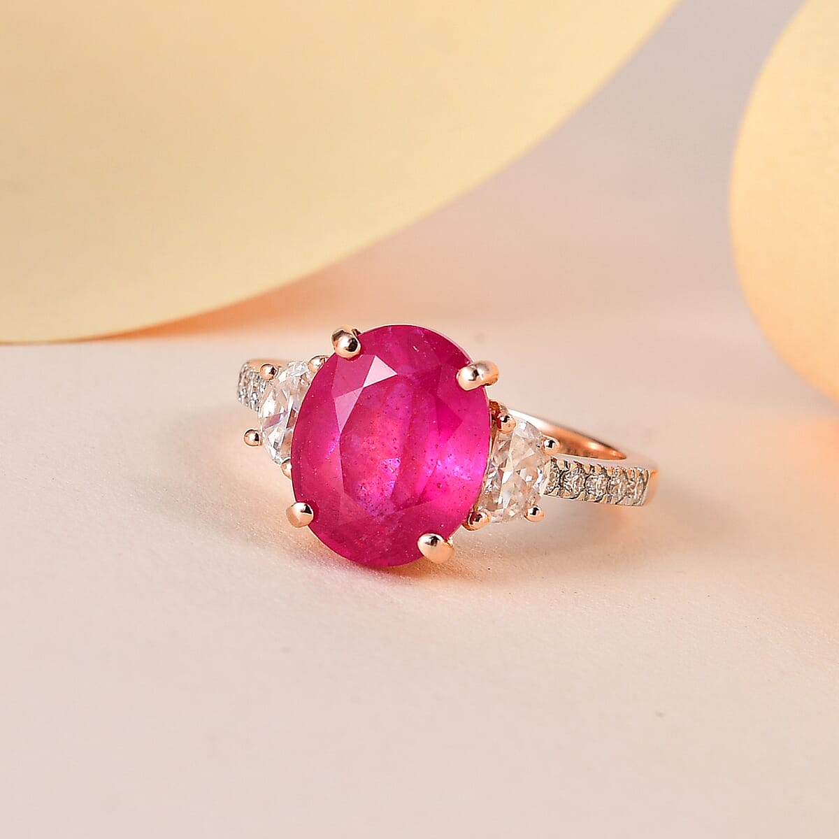 Ilakaka Hot Pink Sapphire (FF) and Moissanite Ring in Vermeil Rose Gold Over Sterling Silver 5.65 ctw image number 1