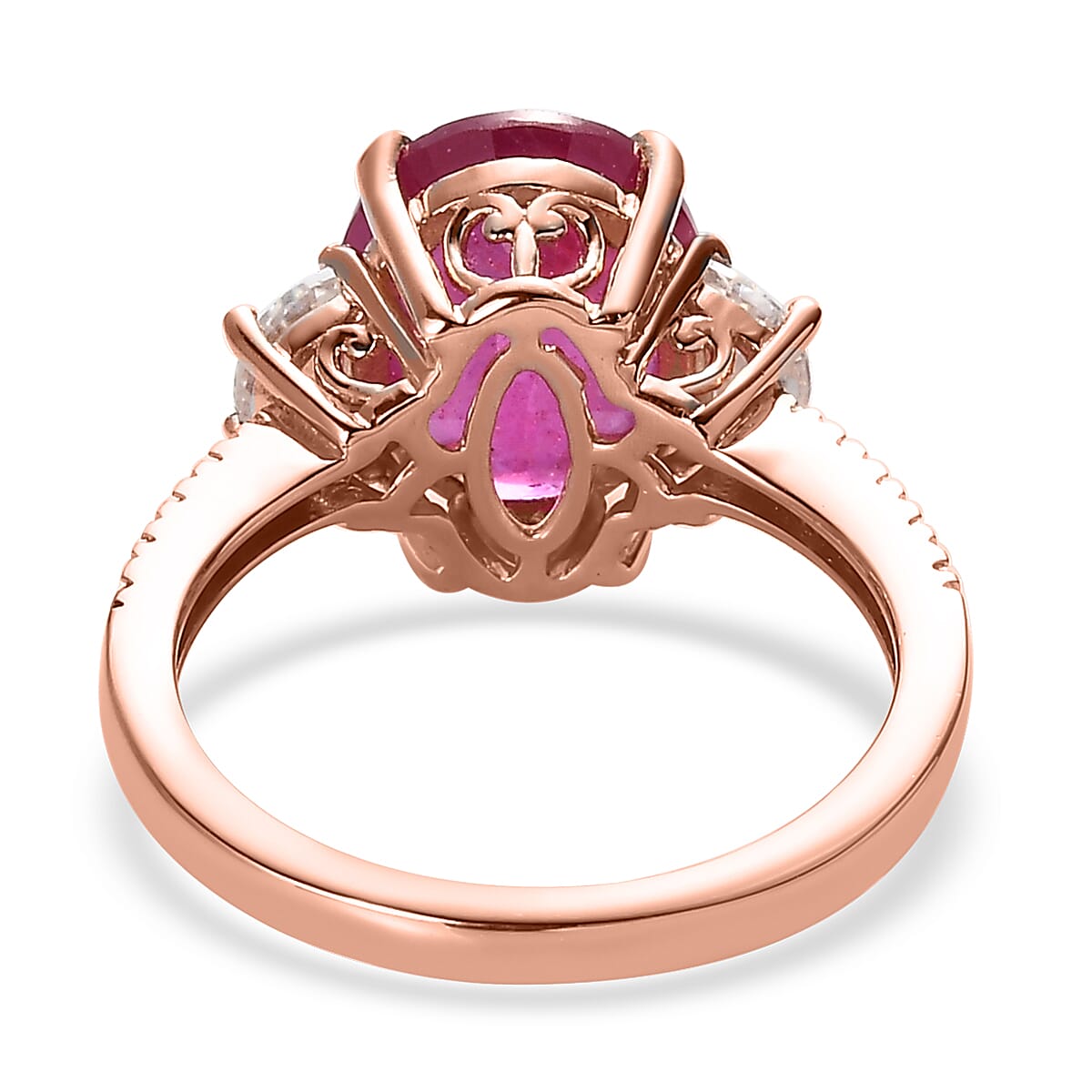 Ilakaka Hot Pink Sapphire (FF) and Moissanite Ring in Vermeil Rose Gold Over Sterling Silver 5.65 ctw image number 4