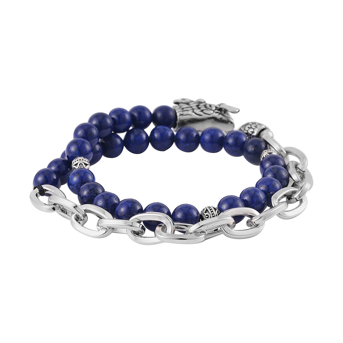 Lapis Lazuli Beaded and Link Chain Double Layered Men's Dragon Bracelet in Silvertone and Stainless Steel (8.00 In) 117.50 ctw image number 2