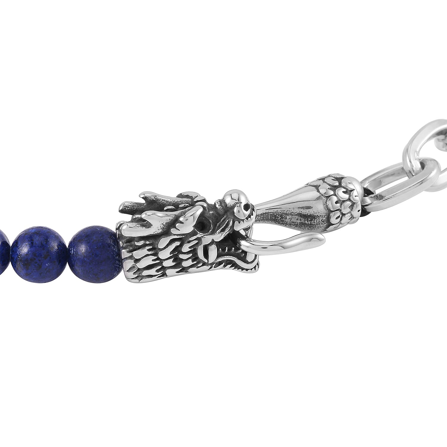 Lapis Lazuli Beaded and Link Chain Double Layered Men's Dragon Bracelet in Silvertone and Stainless Steel (8.00 In) 117.50 ctw , Tarnish-Free, Waterproof, Sweat Proof Jewelry