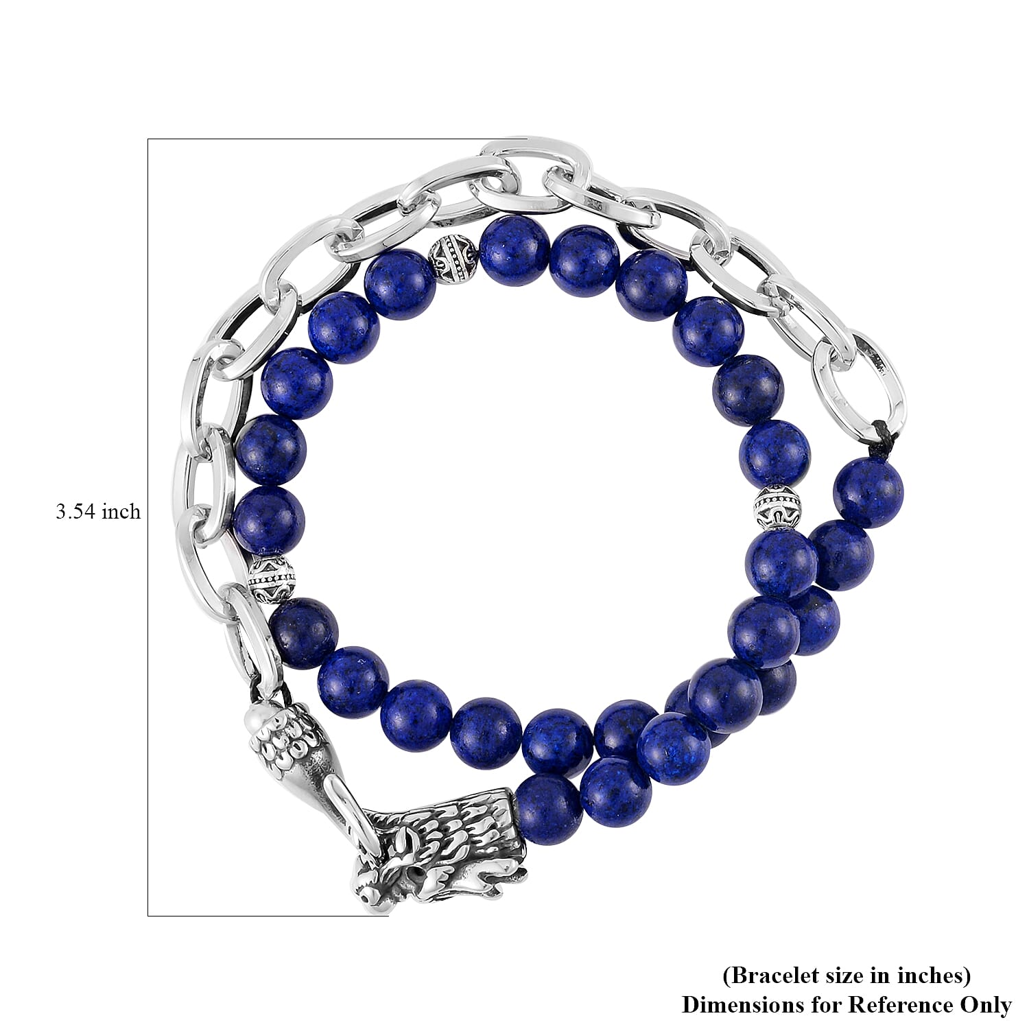 Lapis Lazuli Beaded and Link Chain Double Layered Men's Dragon Bracelet in Silvertone and Stainless Steel (8.00 In) 117.50 ctw , Tarnish-Free, Waterproof, Sweat Proof Jewelry
