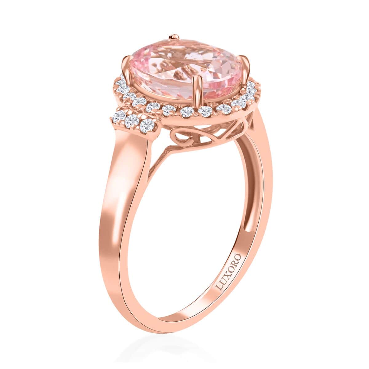 Luxoro 14K Rose Gold AAA Pink Morganite and G-H I2 Diamond Halo Ring (Size 10.0) 2.70 ctw image number 3