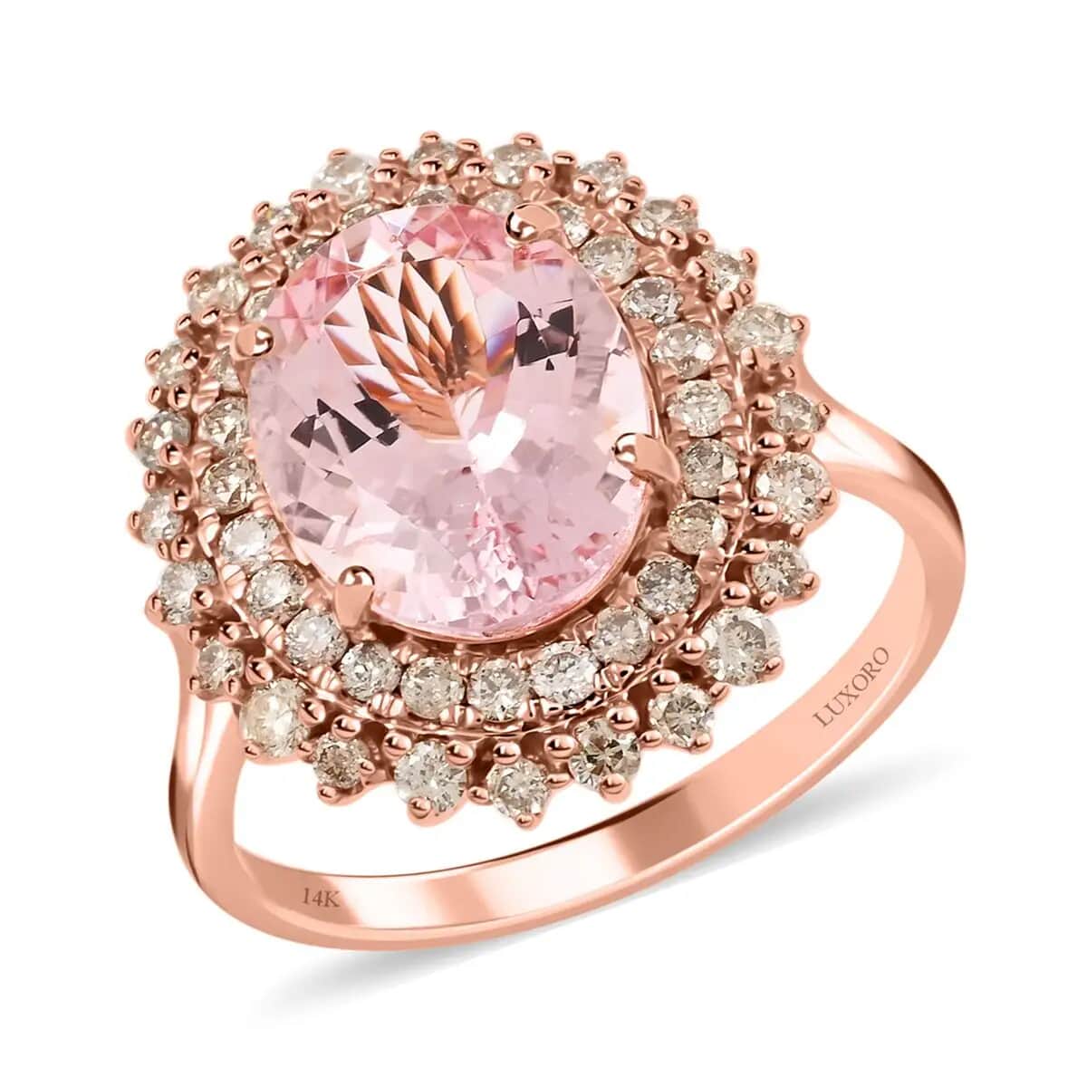 Luxoro 14K Rose Gold AAA Pink Morganite and G-H I2 Diamond Sunburst Ring 3.90 ctw image number 0