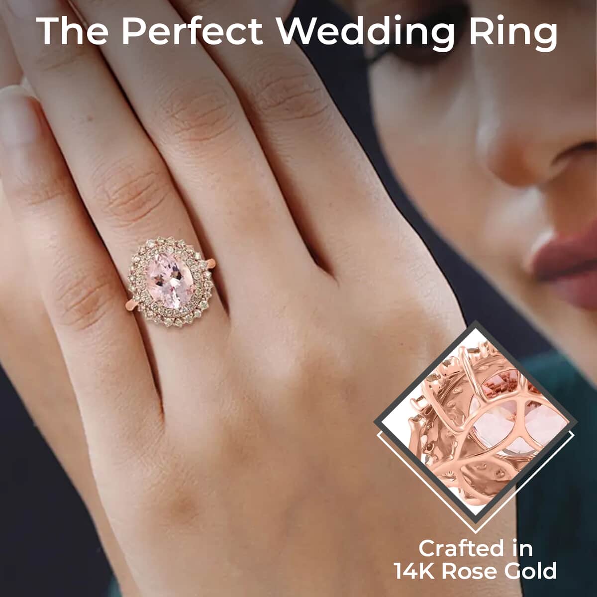 Luxoro 14K Rose Gold AAA Pink Morganite and G-H I2 Diamond Sunburst Ring 3.90 ctw image number 2