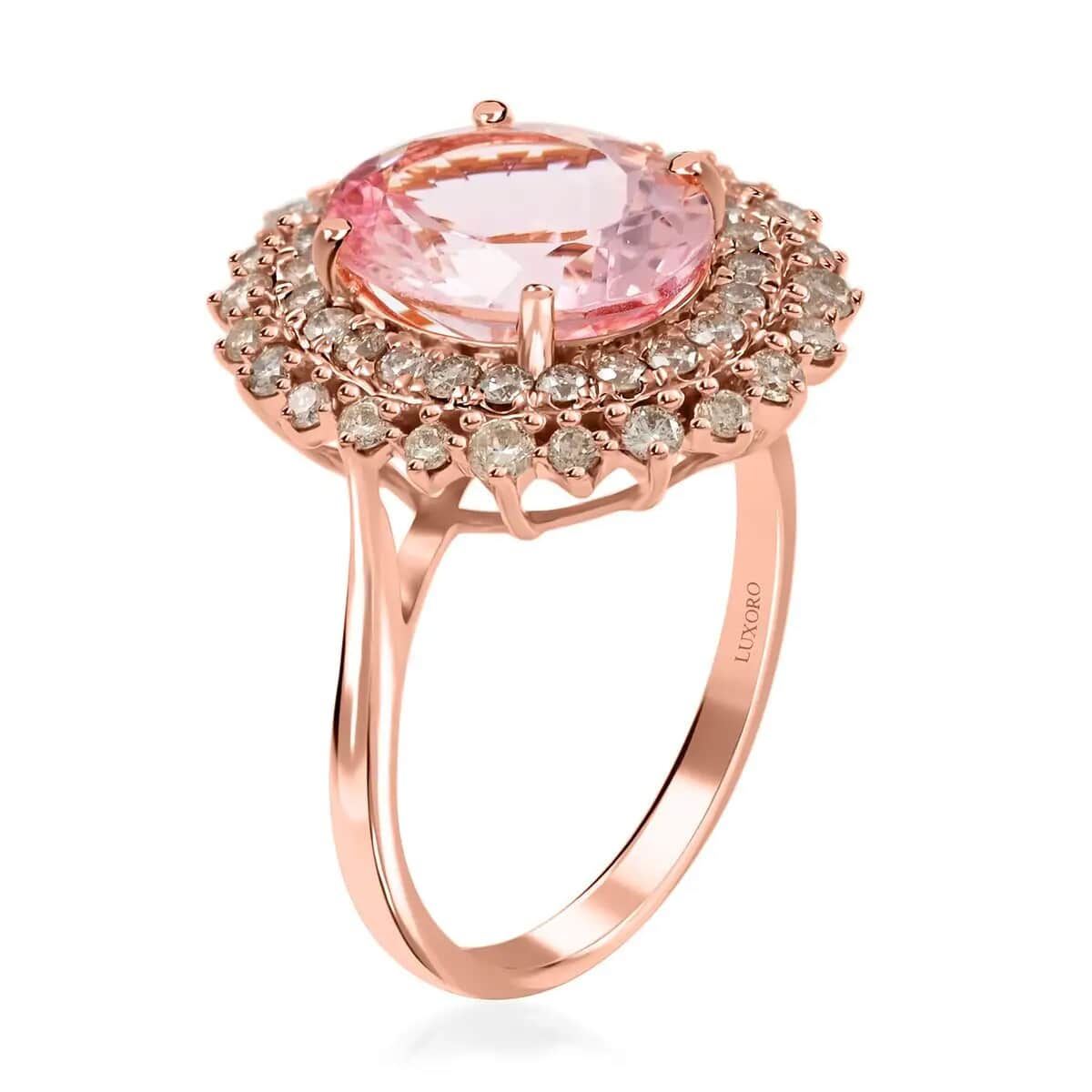 Luxoro 14K Rose Gold AAA Pink Morganite and G-H I2 Diamond Sunburst Ring 3.90 ctw image number 3