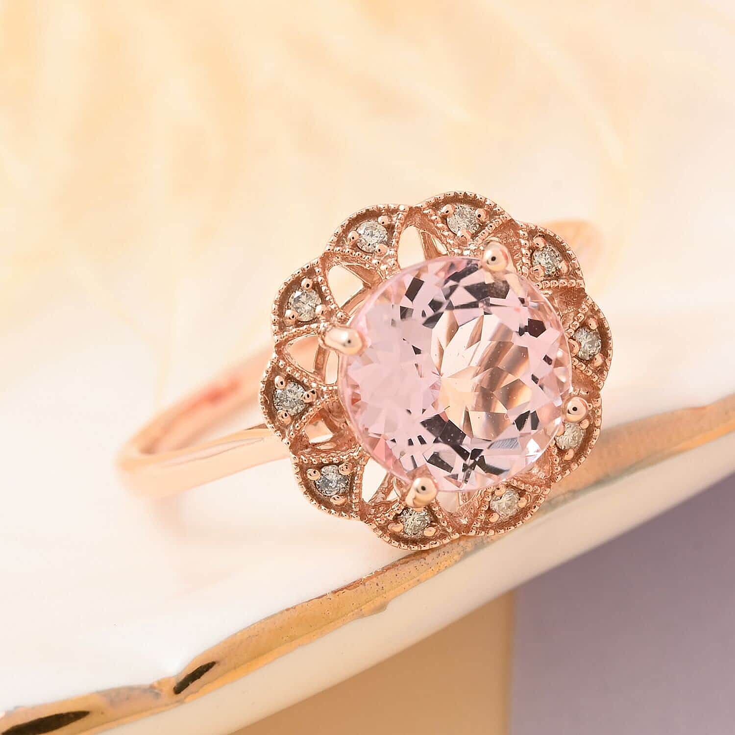 Luxoro 14K Rose Gold AAA Palmeiras Pink Morganite and G-H I2 Diamond Floral Ring (Size 6.0) 2.60 ctw