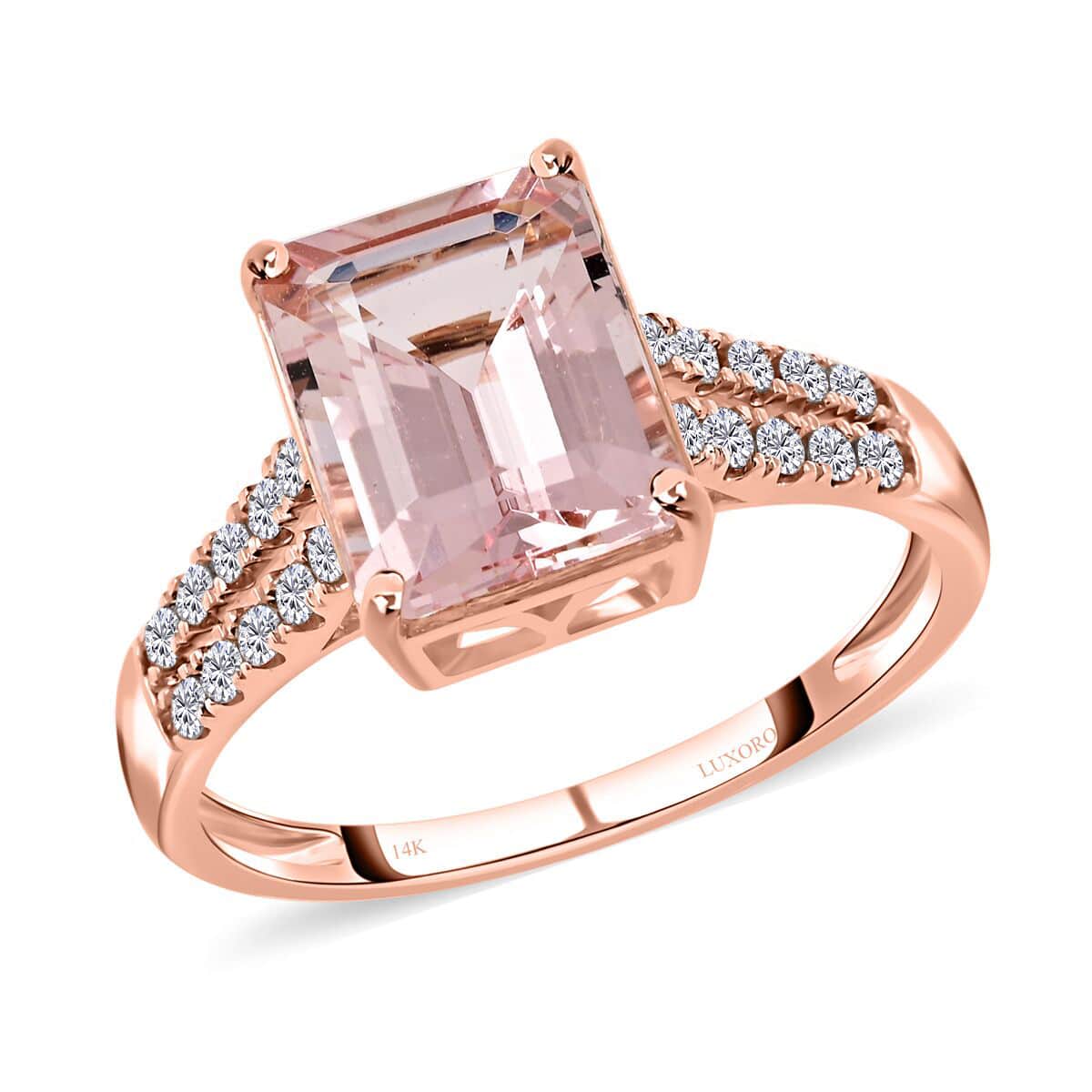 Luxoro 14K Rose Gold AAA Pink Morganite and G-H I2 Diamond Ring (Size 6.0) 3.15 ctw image number 0