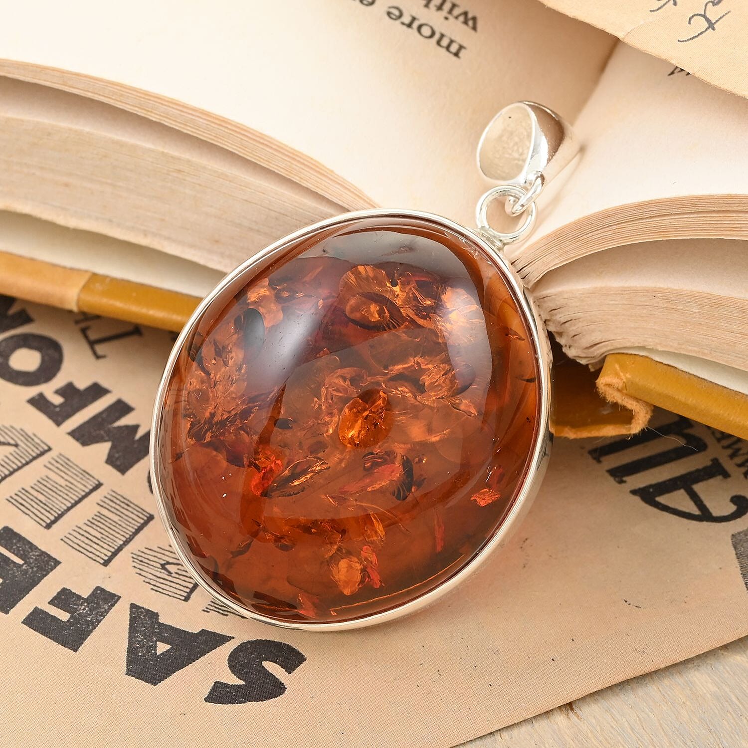 Baltic Amber Round Pendant in Sterling Silver 8.8 Grams