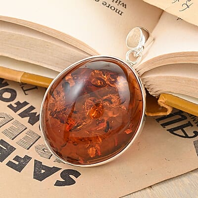 Baltic Amber Round Pendant in Sterling Silver 8.8 Grams